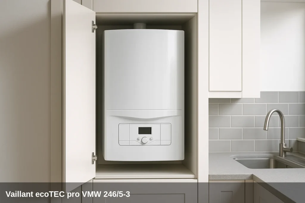 Caldera Vaillant ecoTEC pro VMW 246/5-3 instalada en un armario de cocina.
