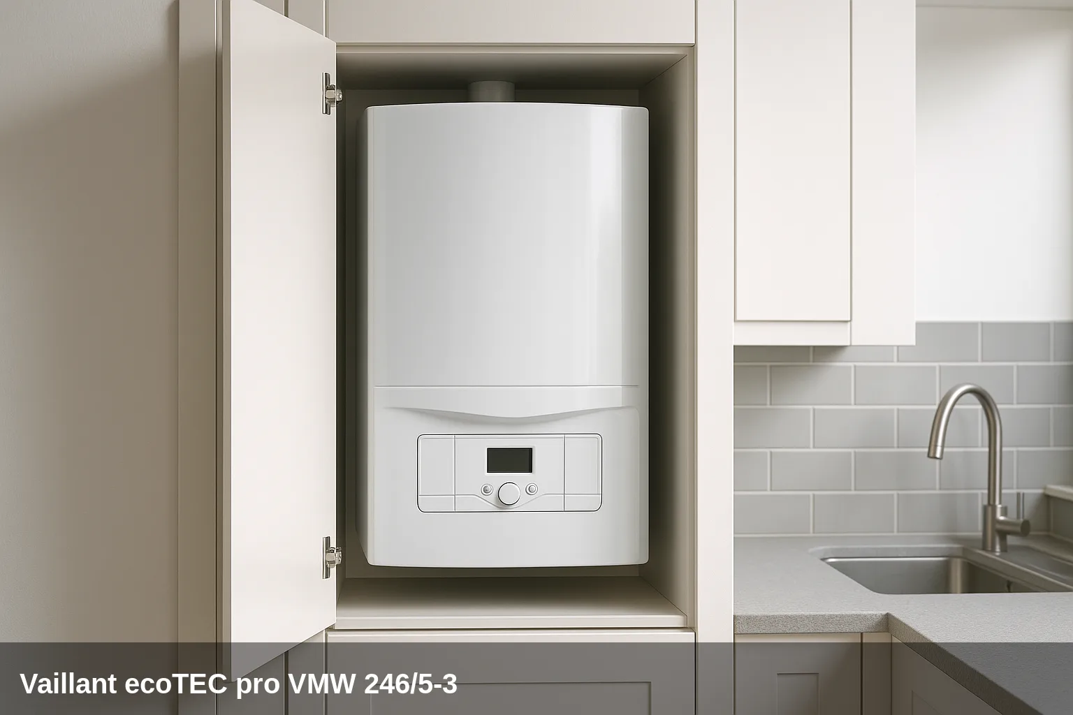 Caldaia Vaillant ecoTEC pro VMW 246/5-3 instalada en un armario de cocina.