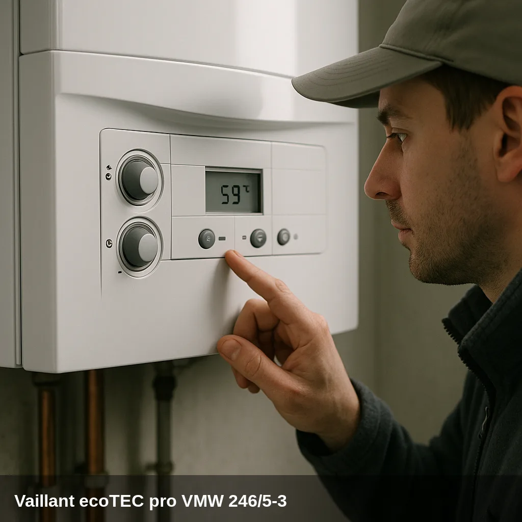 Técnico diagnosticando la caldera Vaillant ecoTEC pro VMW 246/5-3 en el panel de control.