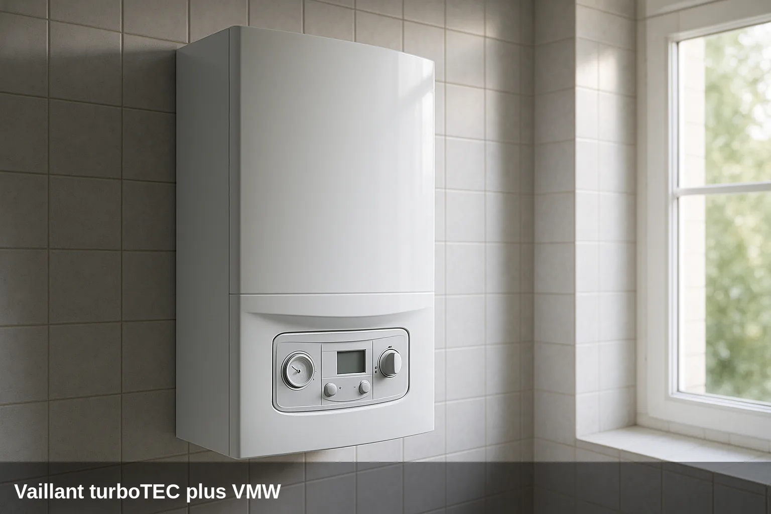 Caldaia Vaillant turboTEC plus VMW en baño con azulejos.