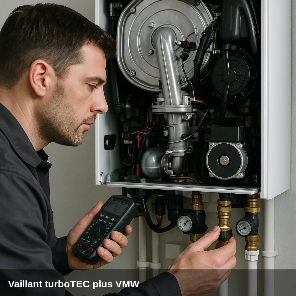 Tecnico diagnosticando caldaia Vaillant turboTEC plus VMW.