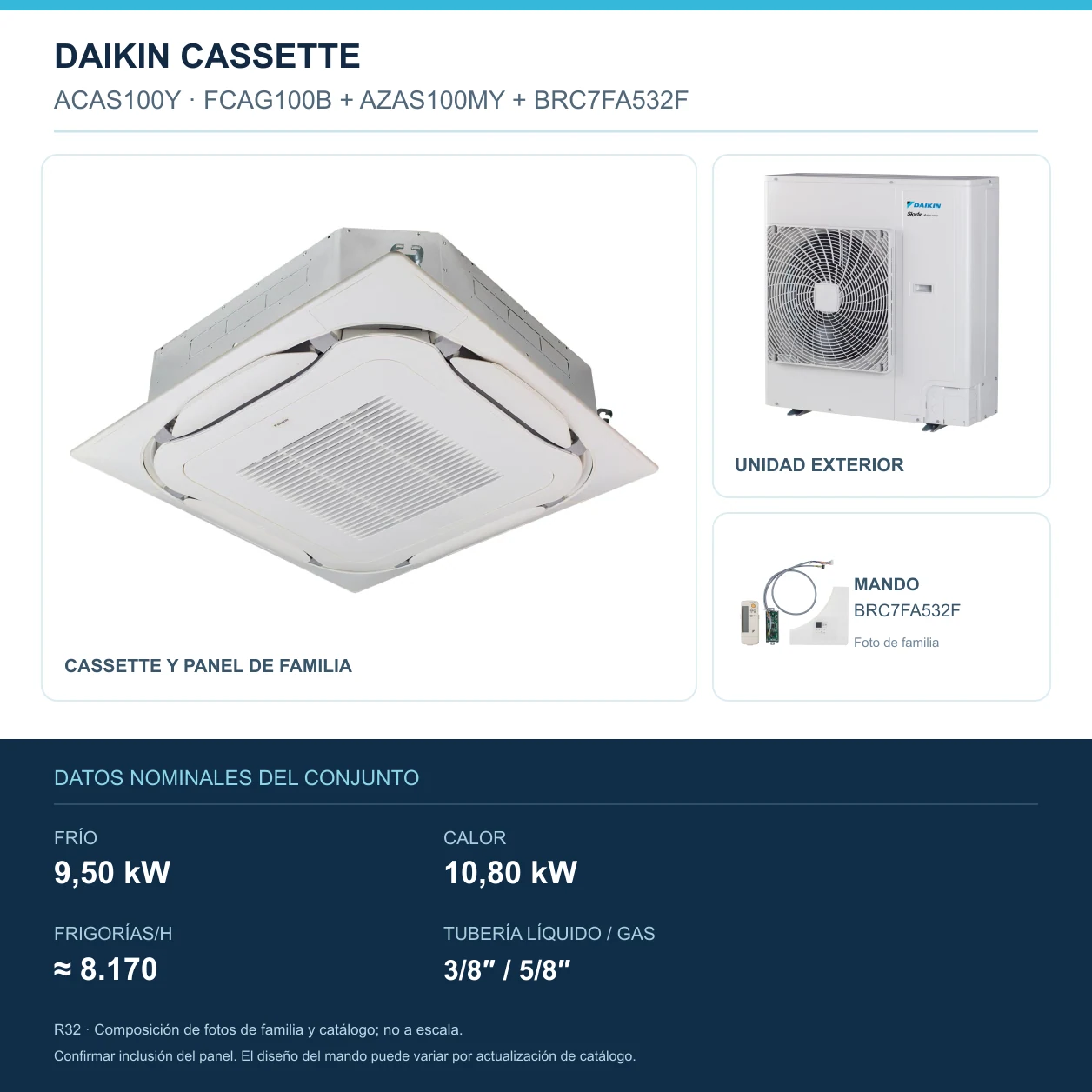 Conjunto Daikin ACAS100Y: FCAG100B + AZAS100MY + BRC7FA532F. Potencias nominales, FRIGORÍAS/H y tubería. Fotografía de familia, sin escala.