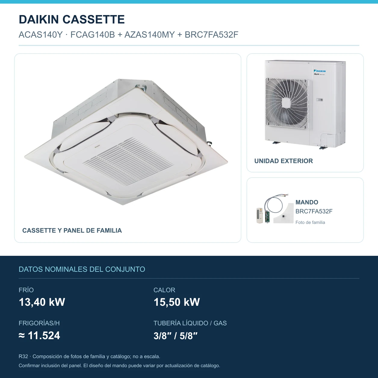 Conjunto Daikin ACAS140Y: FCAG140B + AZAS140MY + BRC7FA532F. Potencias nominales, FRIGORÍAS/H y tubería. Fotografía de familia, sin escala.