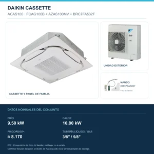Conjunto Daikin ACAS100: unidad interior, exterior y mando; 9,50 kW en frío, 10,80 kW en calor, 8.170 FRIGORÍAS/h, tubería 3/8″ / 5/8″. Imagen de familia, no a escala.