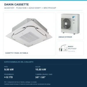 Conjunto Daikin ACAS100Y: unidad interior, exterior y mando; 9,50 kW en frío, 10,80 kW en calor, 8.170 FRIGORÍAS/h, tubería 3/8″ / 5/8″. Imagen de familia, no a escala.