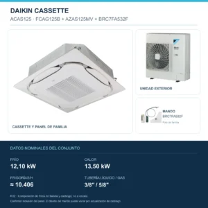 Conjunto Daikin ACAS125: unidad interior, exterior y mando; 12,10 kW en frío, 13,50 kW en calor, 10.406 FRIGORÍAS/h, tubería 3/8″ / 5/8″. Imagen de familia, no a escala.