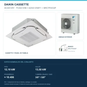 Conjunto Daikin ACAS125Y: unidad interior, exterior y mando; 12,10 kW en frío, 13,50 kW en calor, 10.406 FRIGORÍAS/h, tubería 3/8″ / 5/8″. Imagen de familia, no a escala.