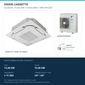 Conjunto Daikin ACAS140: unidad interior, exterior y mando; 13,40 kW en frío, 15,50 kW en calor, 11.524 FRIGORÍAS/h, tubería 3/8″ / 5/8″. Imagen de familia, no a escala.