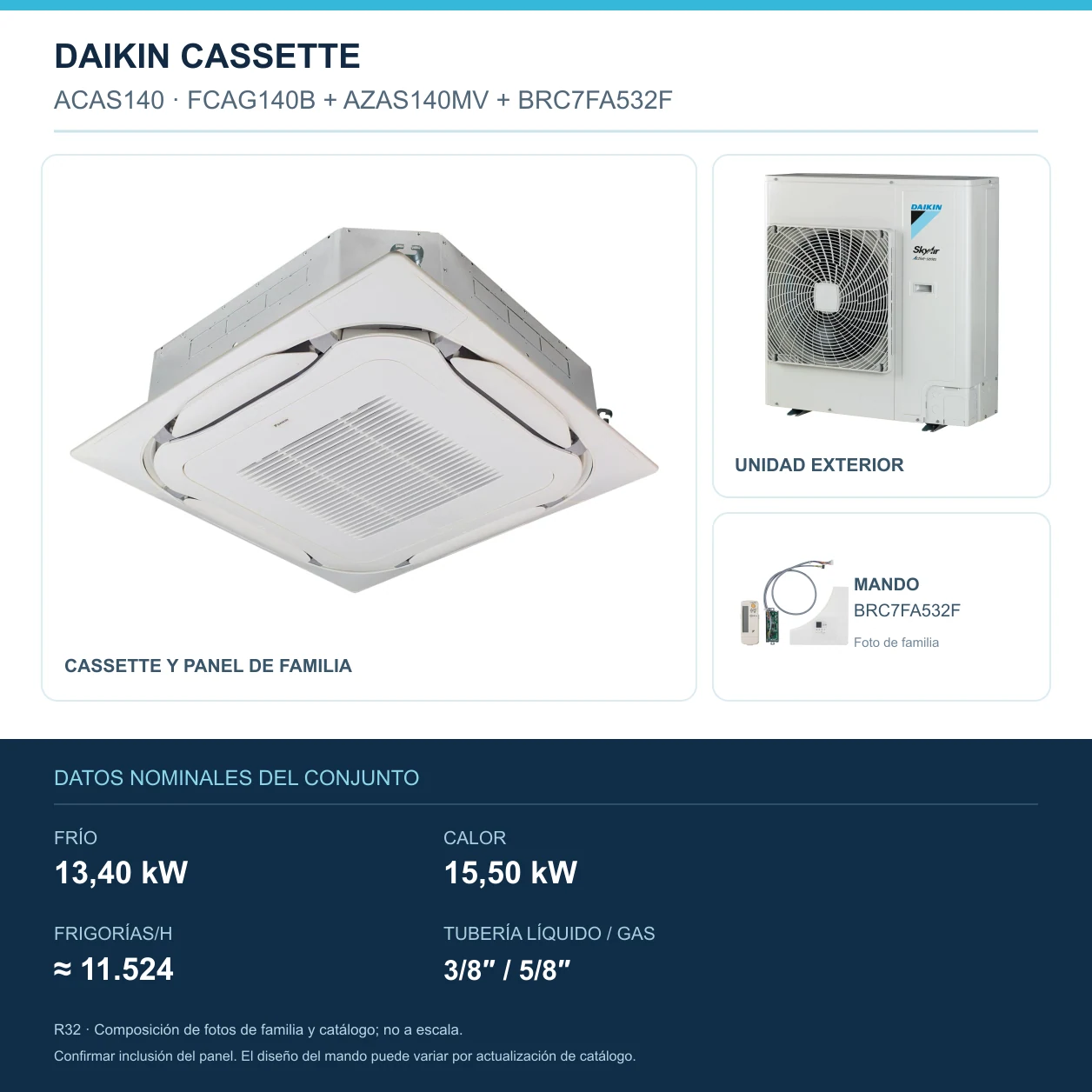 Daikin ACAS140: Inneneinheit, Außeneinheit und Fernbedienung; 13,40 kW Kühlung, 15,50 kW Heizung, 11.524 KALORIEN/h, Rohrleitung 3/8″ / 5/8″. Familienbild, nicht maßstabsgetreu.
