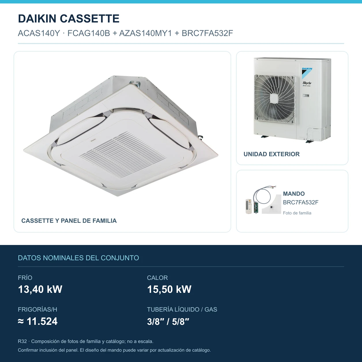 Daikin ACAS140Y: Inneneinheit, Außeneinheit und Fernbedienung; 13,40 kW bei Kühlung, 15,50 kW bei Heizung, 11.524 KILOKALORIEN/h, Rohrleitung 3/8″ / 5/8″. Familienbild, nicht maßstabsgetreu.