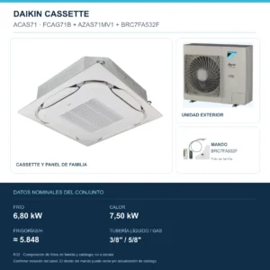 Conjunto Daikin ACAS71: unidad interior, exterior y mando; 6,80 kW en frío, 7,50 kW en calor, 5.848 FRIGORÍAS/h, tubería 3/8″ / 5/8″. Imagen de familia, no a escala.