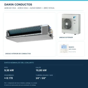 Conjunto Daikin ADEAS100A: unidad interior, exterior y mando; 9,50 kW en frío, 10,80 kW en calor, 8.170 FRIGORÍAS/h, tubería 3/8″ / 5/8″. Imagen de familia, no a escala.