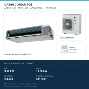 Conjunto Daikin ADEAS100A: unidad interior, exterior y mando; 9,50 kW en frío, 10,80 kW en calor, 8.170 FRIGORÍAS/h, tubería 3/8″ / 5/8″. Imagen de familia, no a escala.
