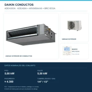 Conjunto Daikin ADEAS50A: unidad interior, exterior y mando; 5,00 kW en frío, 5,50 kW en calor, 4.300 FRIGORÍAS/h, tubería 1/4″ / 1/2″. Imagen de familia, no a escala.