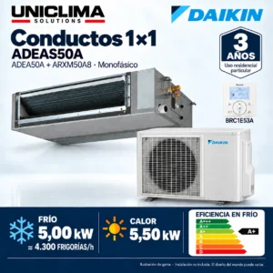 Aire acondicionado por conductos Daikin ADEAS50A · 5,00 kW monofásico; conjunto e información técnica, ilustración de gama — Uniclima