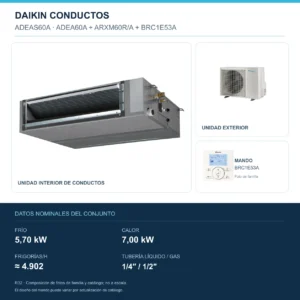 Conjunto Daikin ADEAS60A: unidad interior, exterior y mando; 5,70 kW en frío, 7,00 kW en calor, 4.902 FRIGORÍAS/h, tubería 1/4″ / 1/2″. Imagen de familia, no a escala.