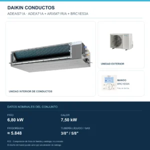 Conjunto Daikin ADEAS71A: unidad interior, exterior y mando; 6,80 kW en frío, 7,50 kW en calor, 5.848 FRIGORÍAS/h, tubería 3/8″ / 5/8″. Imagen de familia, no a escala.