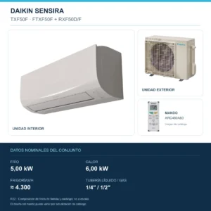 Conjunto Daikin TXF50F: unidad interior, exterior y mando; 5,00 kW en frío, 6,00 kW en calor, 4.300 FRIGORÍAS/h, tubería 1/4″ / 1/2″. Imagen de familia, no a escala.