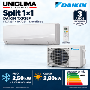 Aire acondicionado split 1x1 Daikin Sensira TXF25F · 2.150 FRIGORÍAS; conjunto e información técnica, ilustración de gama — Uniclima