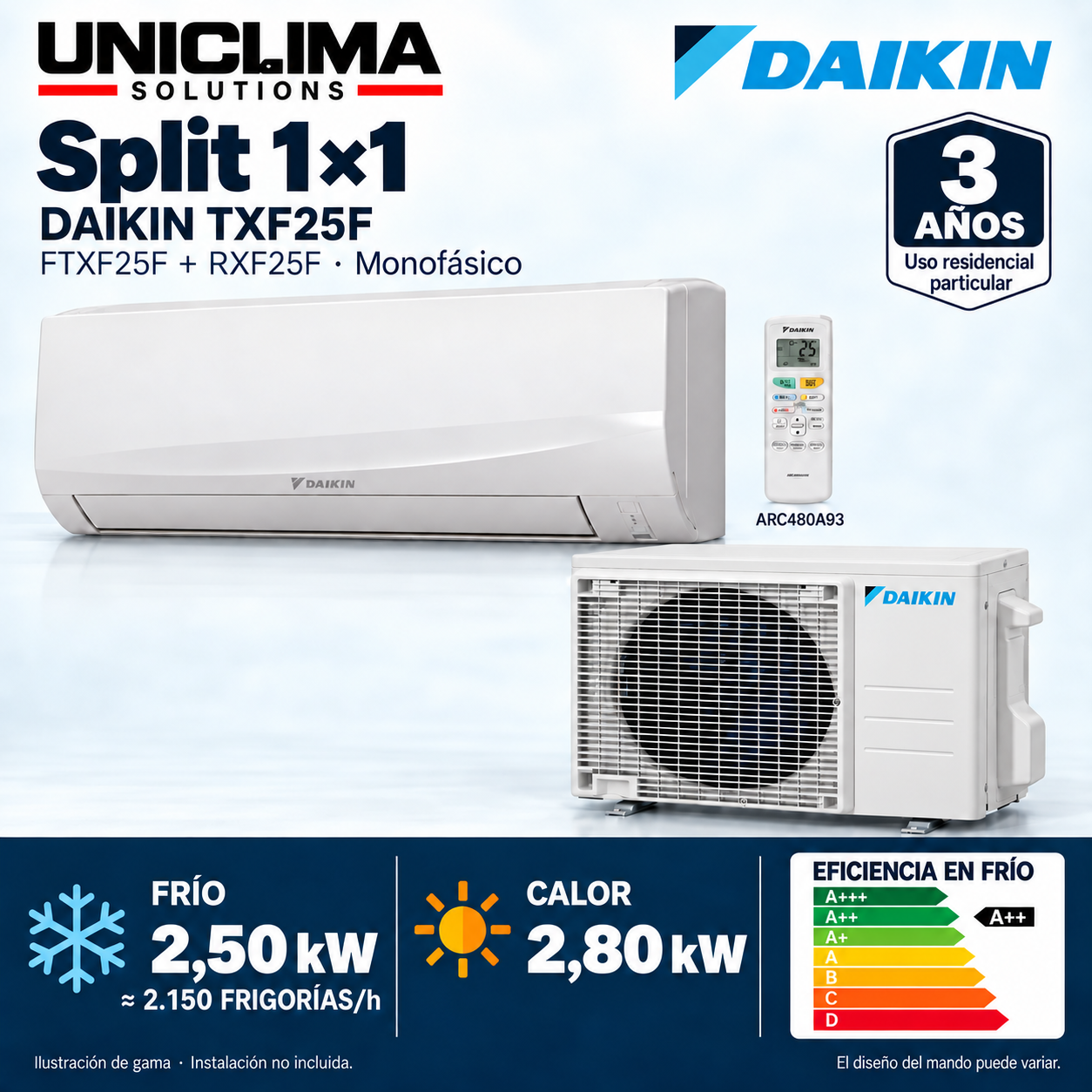 Split air conditioning 1x1 Daikin Sensira TXF25F · 2,150 frigories; set and technical information, range illustration — Uniclima