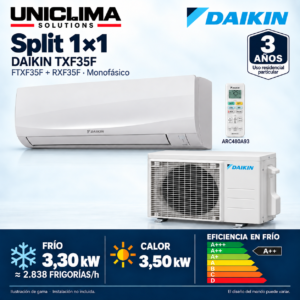Aire acondicionado split 1x1 Daikin Sensira TXF35F · 2.838 FRIGORÍAS; conjunto e información técnica, ilustración de gama — Uniclima
