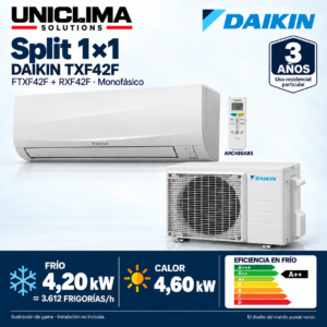 Aire acondicionado split 1x1 Daikin Sensira TXF42F · 3.612 FRIGORÍAS; conjunto e información técnica, ilustración de gama — Uniclima