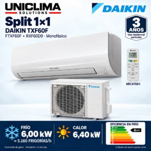 Aire acondicionado split 1x1 Daikin Sensira TXF60F · 5.160 FRIGORÍAS; conjunto e información técnica, ilustración de gama — Uniclima