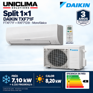 Aire acondicionado split 1x1 Daikin Sensira TXF71F · 6.105 FRIGORÍAS; conjunto e información técnica, ilustración de gama — Uniclima