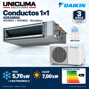 Aire acondicionado por conductos Daikin ADEAS60A · 5,70 kW monofásico; conjunto e información técnica, ilustración de gama — Uniclima