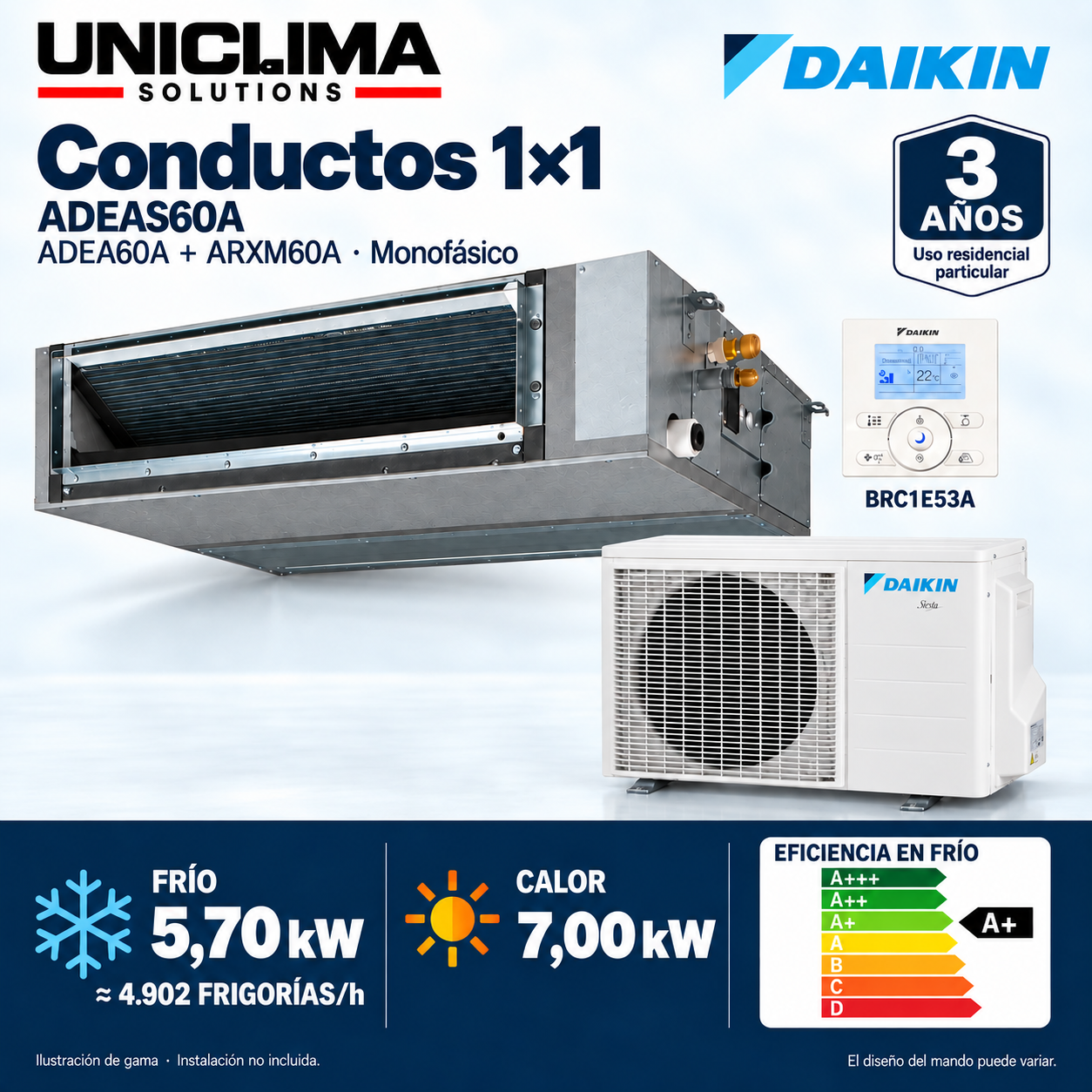 Daikin ADEAS60A ducted air conditioning · 5.70 kW single-phase; set and technical information, range illustration — Uniclima