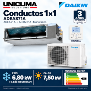 Aire acondicionado por conductos Daikin ADEAS71A · 6,80 kW monofásico; conjunto e información técnica, ilustración de gama — Uniclima