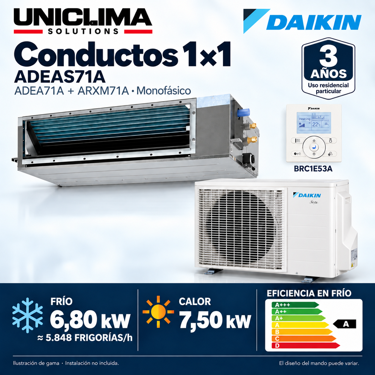 Daikin ADEAS71A ducted air conditioning · 6.80 kW single-phase; set and technical information, range illustration — Uniclima