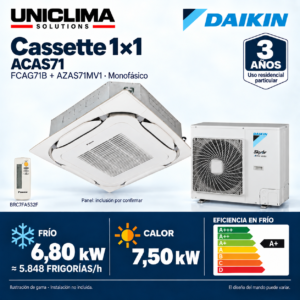 Aire acondicionado cassette Daikin ACAS71 · 6,80 kW monofásico; conjunto e información técnica, ilustración de gama — Uniclima