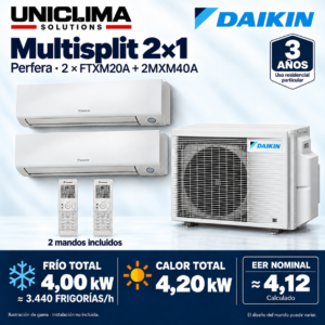 Aire acondicionado multisplit 2×1 Daikin Perfera 2MXM40A; conjunto e información técnica, ilustración de gama — Uniclima