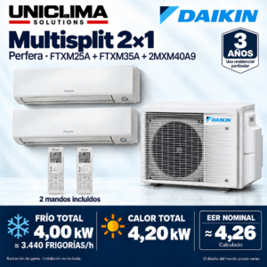 Conjunto multisplit Daikin Perfera 2×1: FTXM25A + FTXM35A + 2MXM40A9, ilustración de gama — Uniclima