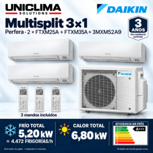 Conjunto multisplit Daikin Perfera 3×1: 2 × FTXM25A + FTXM35A + 3MXM52A9, ilustración de gama — Uniclima