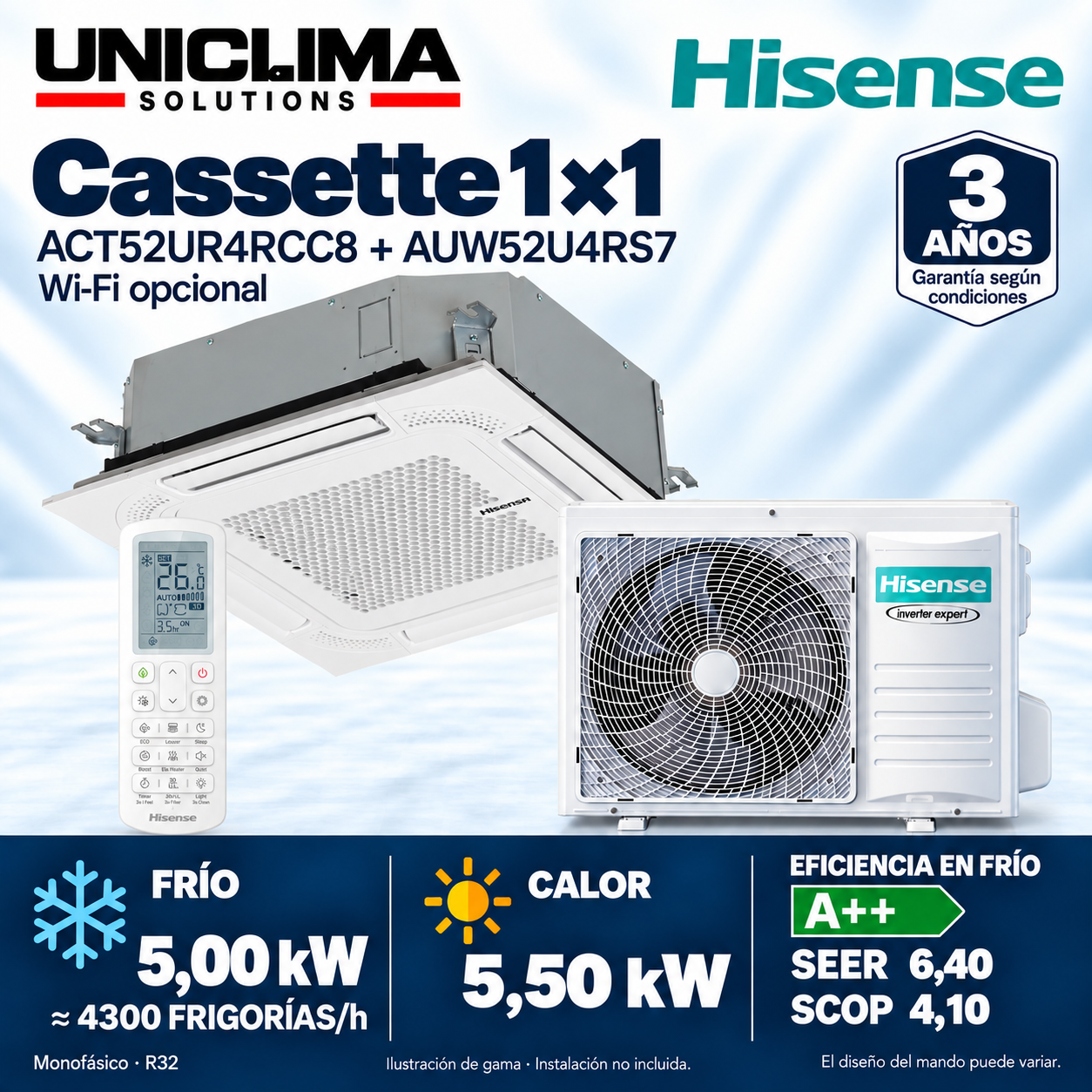 Kassettengerät Klimaanlage Hisense ACT52UR4RCC8 + AUW52U4RS7, 4.300 KILOKALORIEN/h — Uniclima