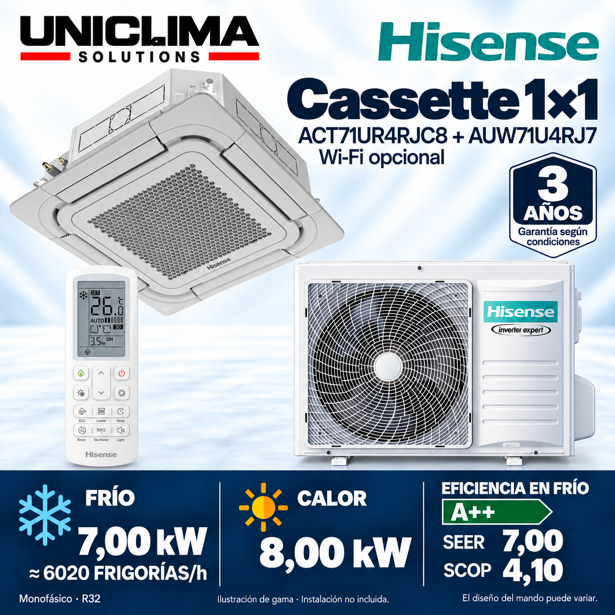 Kassettengerät Klimaanlage Hisense ACT71UR4RJC8 + AUW71U4RJ7, 6.020 KILOKALORIEN/h — Uniclima