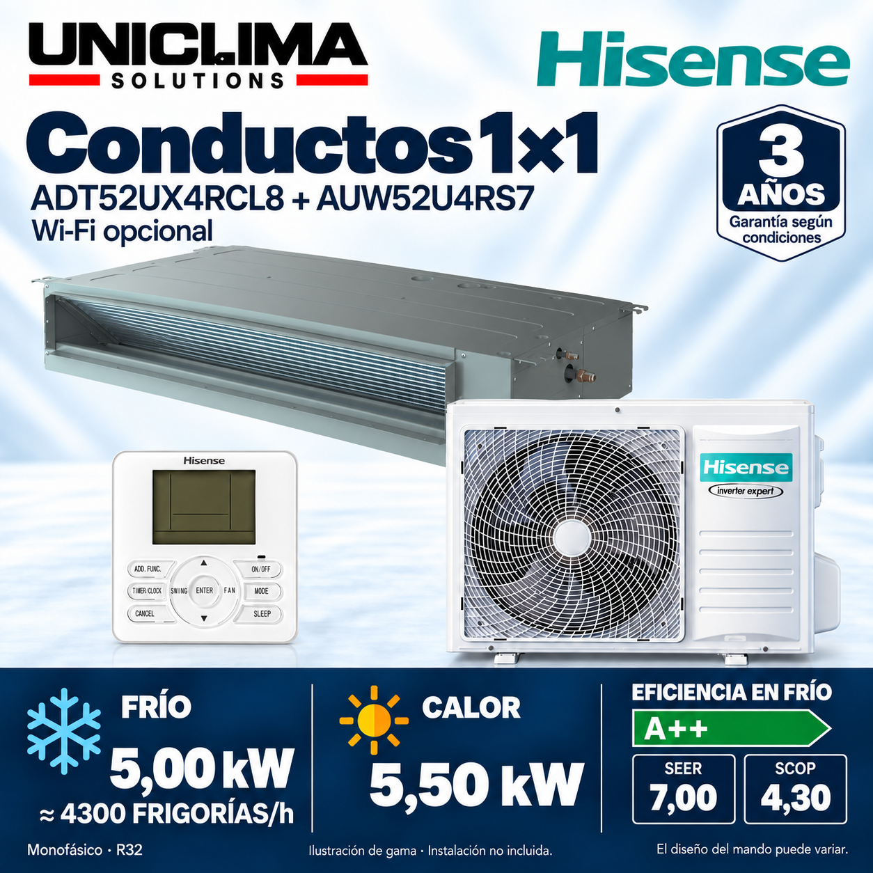 Klimaanlage mit Kanälen Hisense ADT52UX4RCL8 + AUW52U4RS7, 4.300 FRIGORÍEN/h — Uniclima