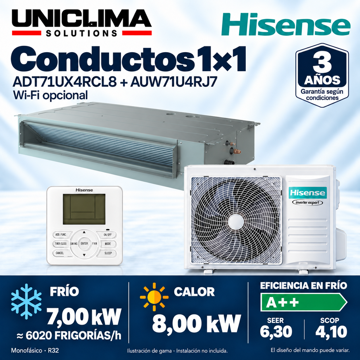 Ensemble de climatisation gainable Hisense ADT71UX4RCL8 + AUW71U4RJ7, 6.020 FRIGORÍES/h — Uniclima