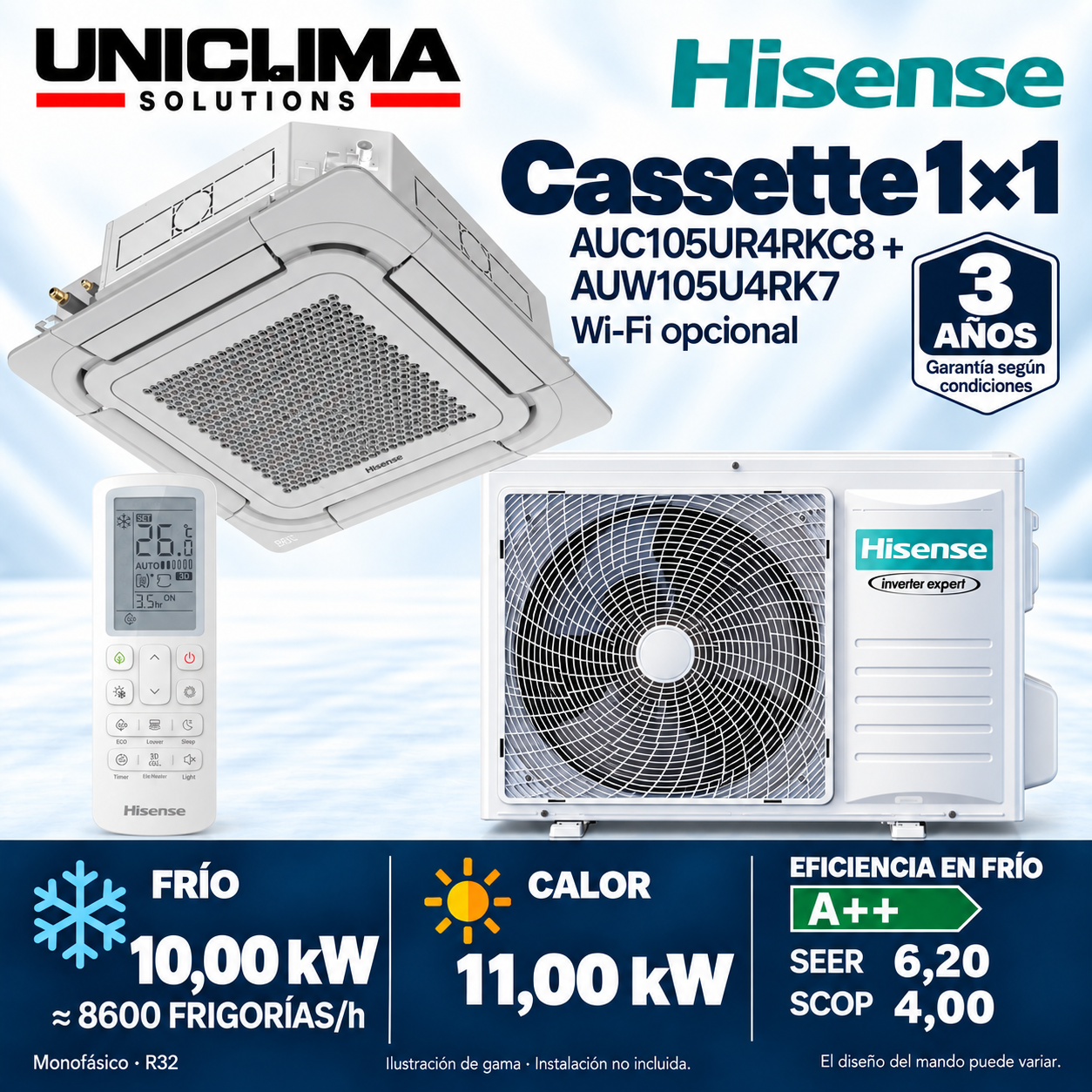 Conjunto aer condiționat casetă Hisense AUC105UR4RKC8 + AUW105U4RK7, 8.600 FRIGORII/h — Uniclima