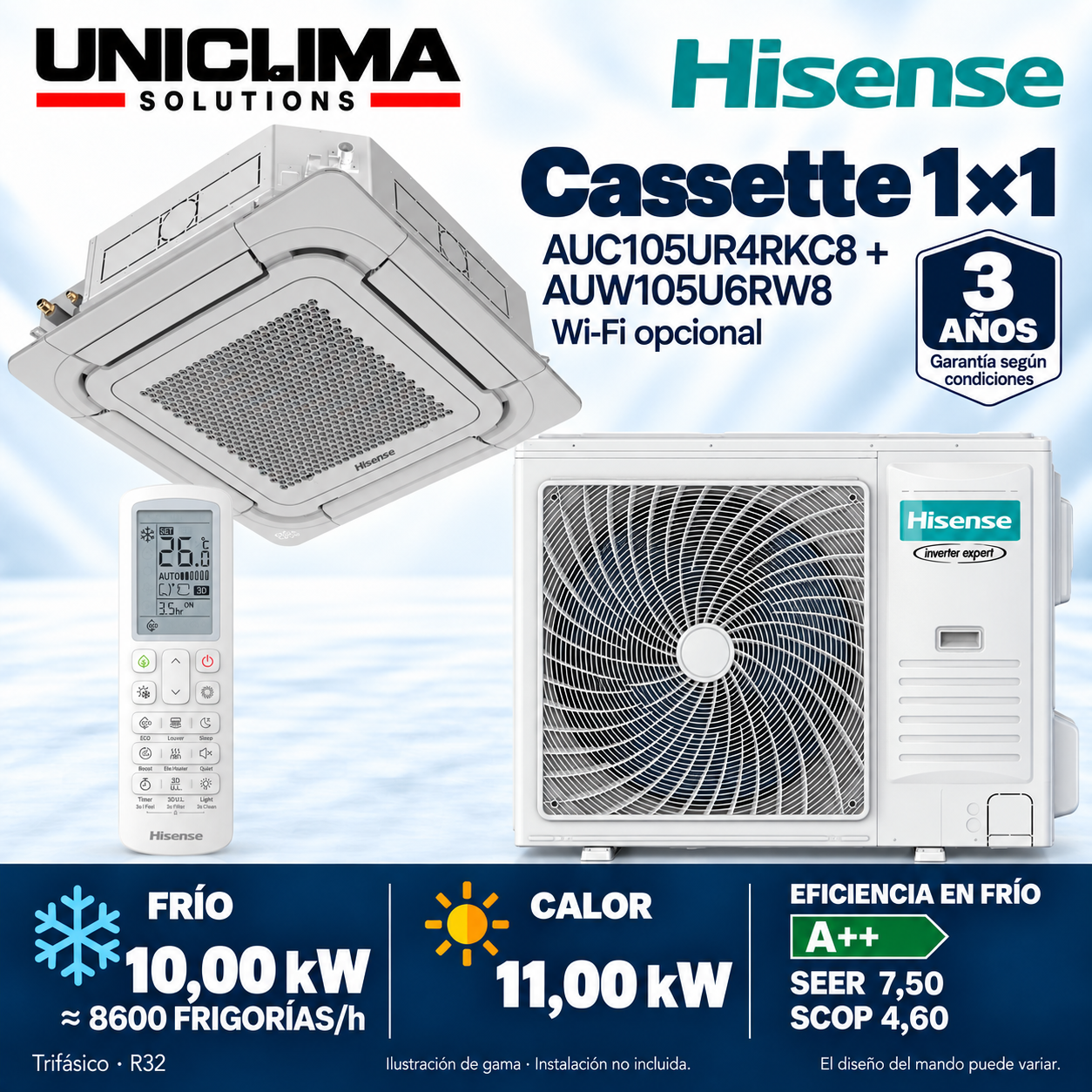 Kassettensplit-Klimaanlage Hisense AUC105UR4RKC8 + AUW105U6RW8, 8.600 KÜHLLEISTUNG/h — Uniclima