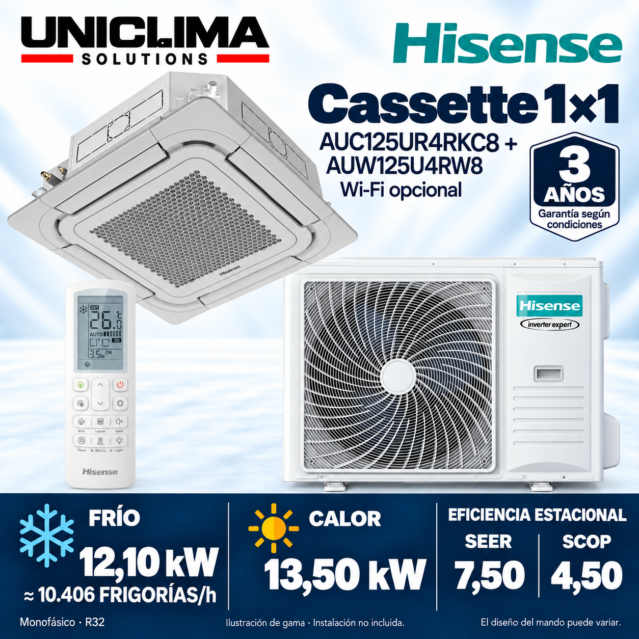 Kassettensplit-Klimaanlage Hisense AUC125UR4RKC8 + AUW125U4RW8, 10.406 FRIGORIEN/h — Uniclima