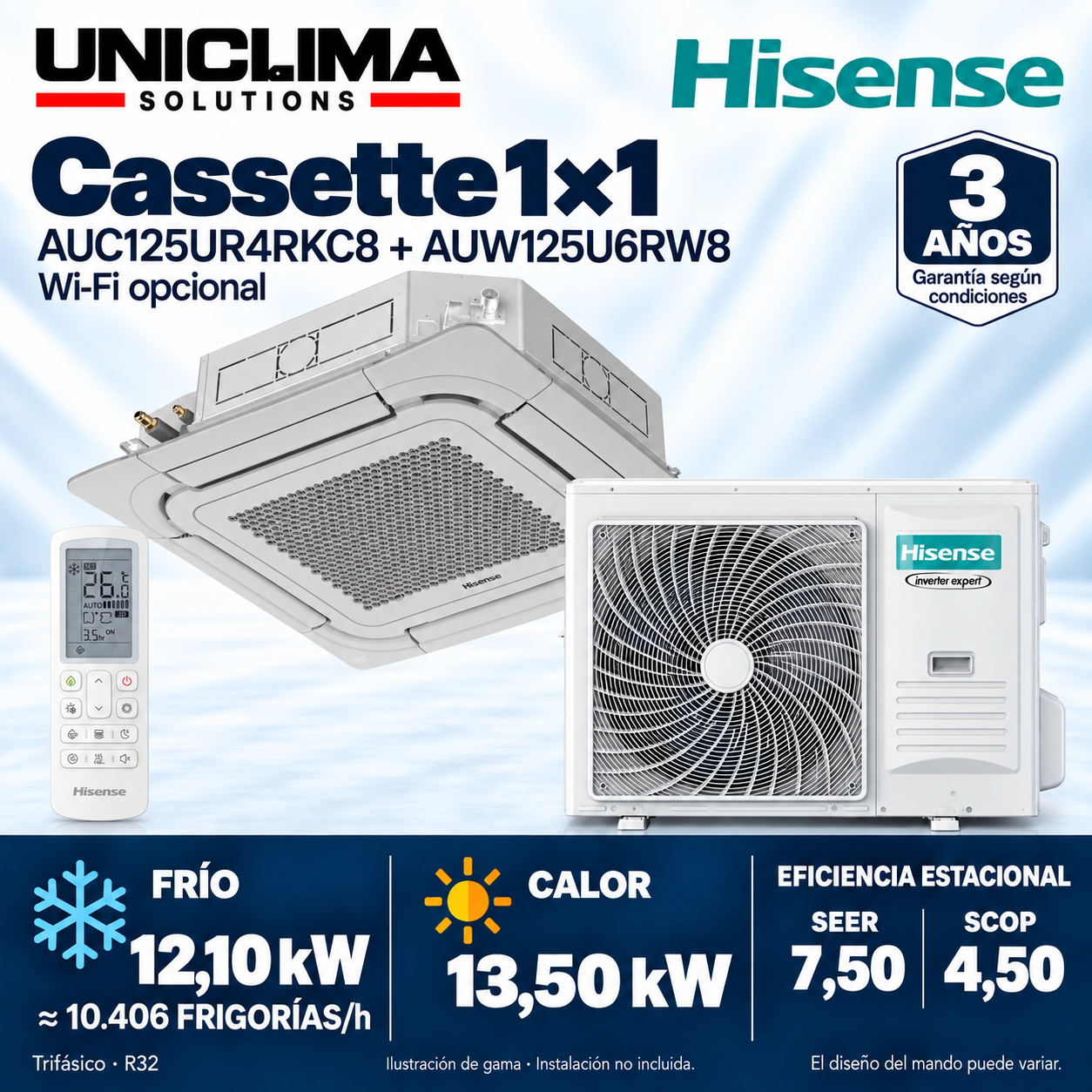 Ensemble de climatisation cassette Hisense AUC125UR4RKC8 + AUW125U6RW8, 10.406 FRIGORÍES/h — Uniclima