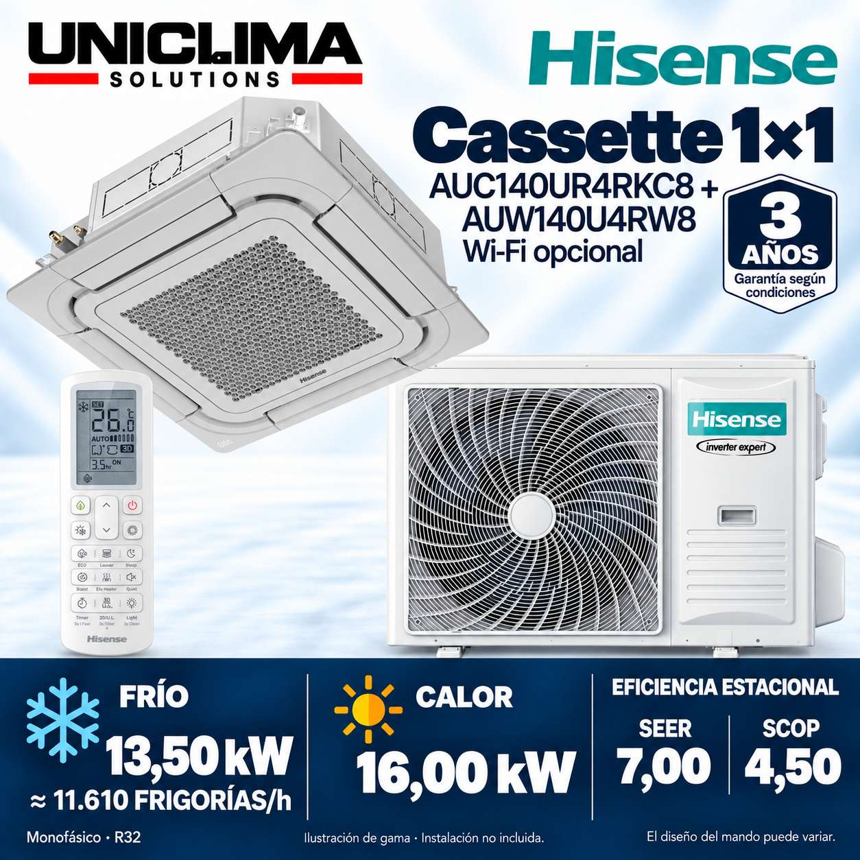 Kassettensplit-Klimaanlage Hisense AUC140UR4RKC8 + AUW140U4RW8, 11.610 KÜHLLEISTUNG/h — Uniclima