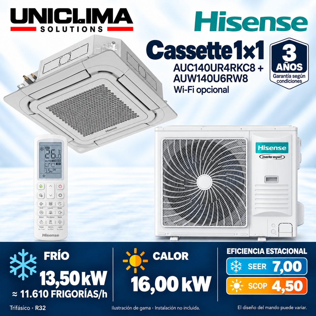 Ensemble de climatisation cassette Hisense AUC140UR4RKC8 + AUW140U6RW8, 11.610 FRIGORÍES/h — Uniclima