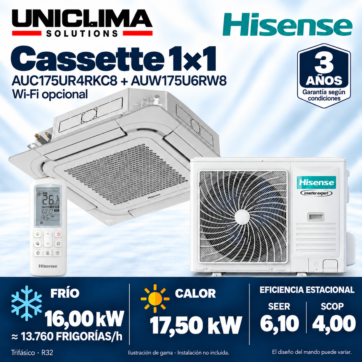 Klimaanlagen-Set Kassette Hisense AUC175UR4RKC8 + AUW175U6RW8, 13.760 FRIGORÍEN/h — Uniclima