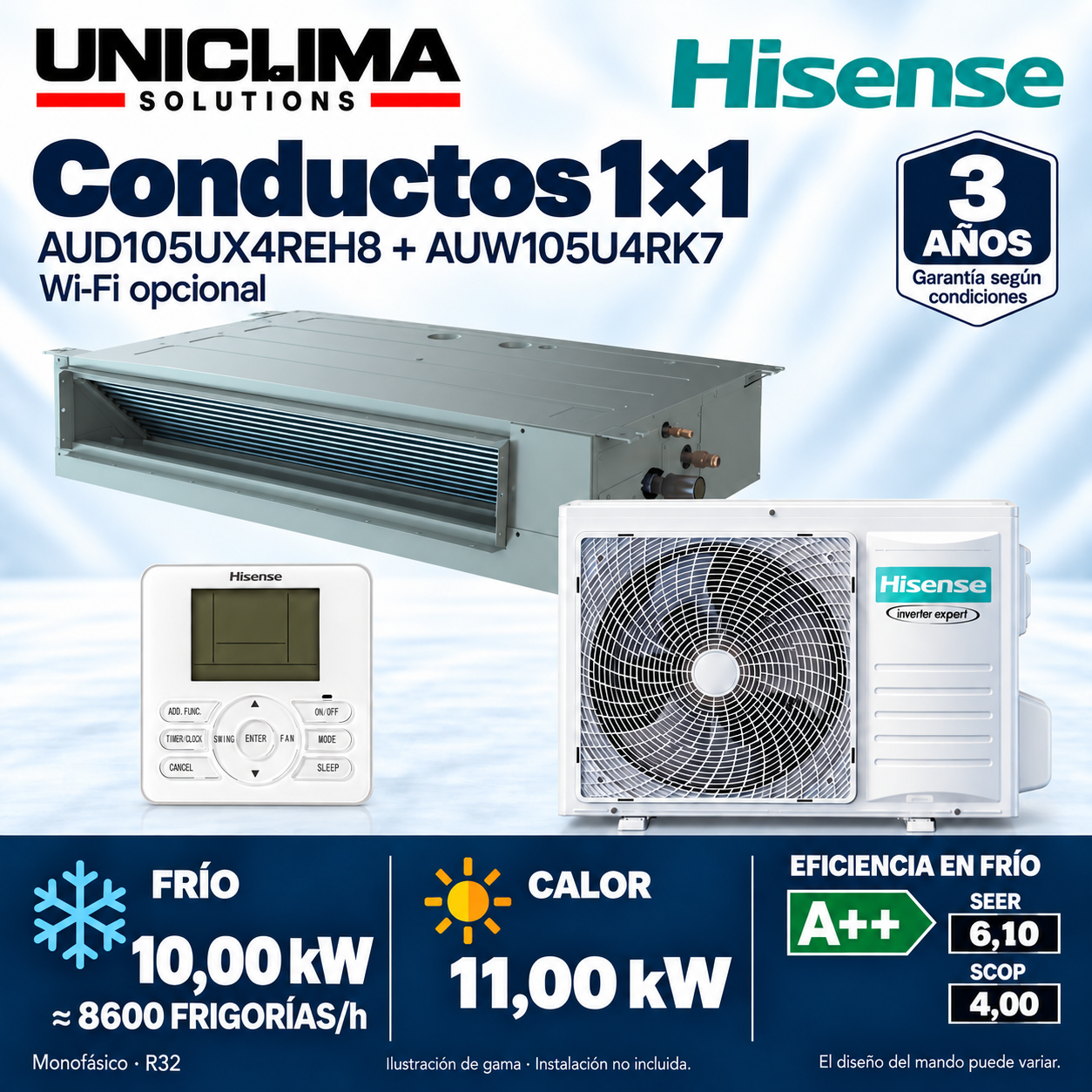 Klimaanlage Kanäle Hisense AUD105UX4REH8 + AUW105U4RK7, 8.600 KILOKALORIEN/h — Uniclima