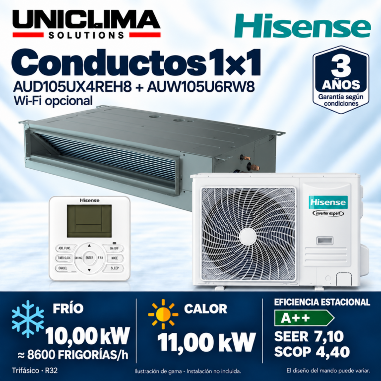 Conjunto de aire acondicionado por conductos Hisense AUD105UX4REH8 + AUW105U6RW8, 8.600 FRIGORÍAS/h — Uniclima