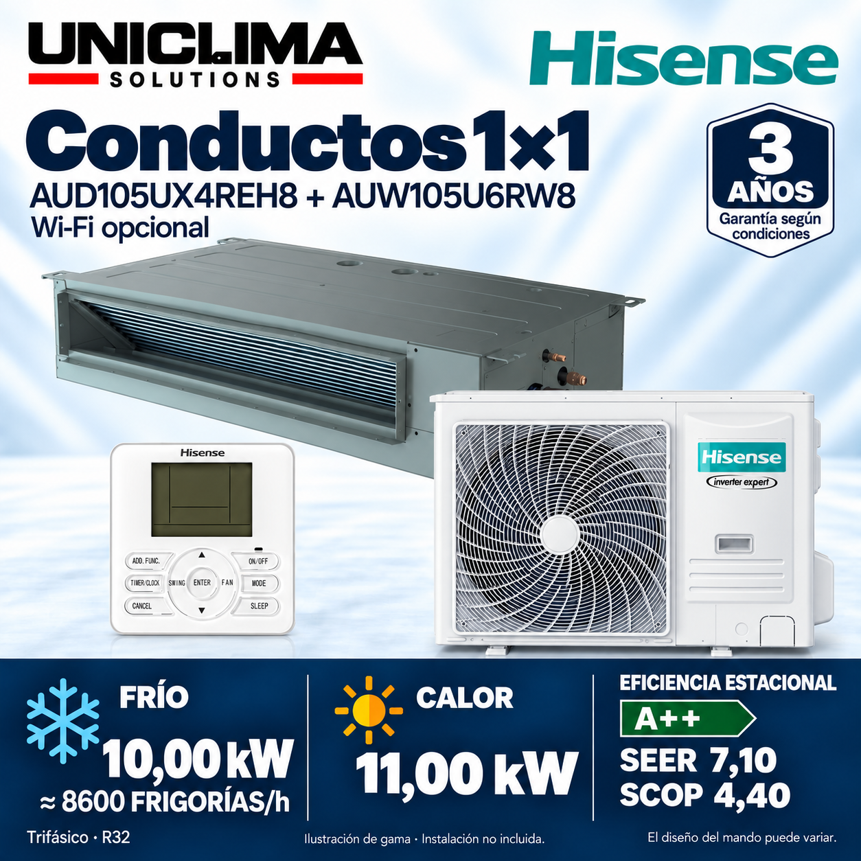 Conjunto de aire acondicionado por conductos Hisense AUD105UX4REH8 + AUW105U6RW8, 8.600 FRIGORÍAS/h — Uniclima